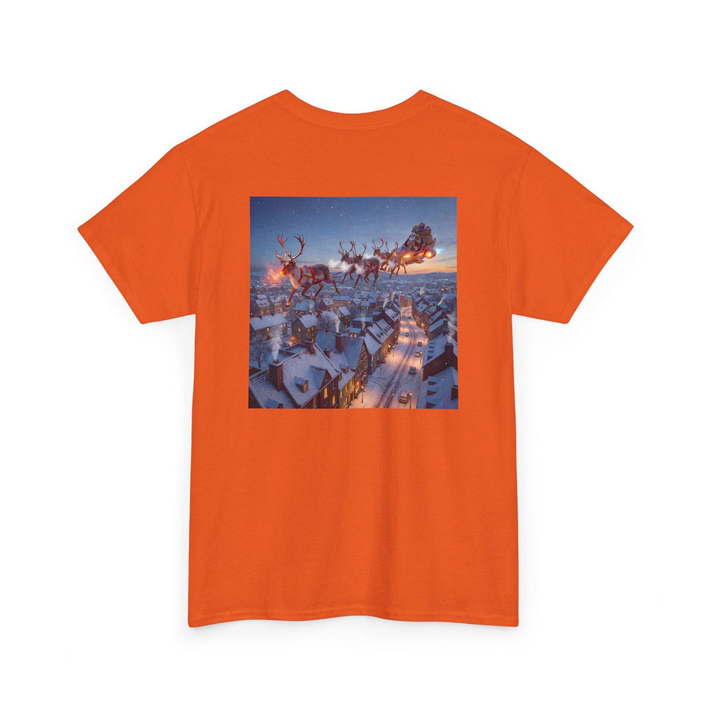 Martian Sleigh Over Snowy Village T-Shirt | Christmas Holiday Illustration