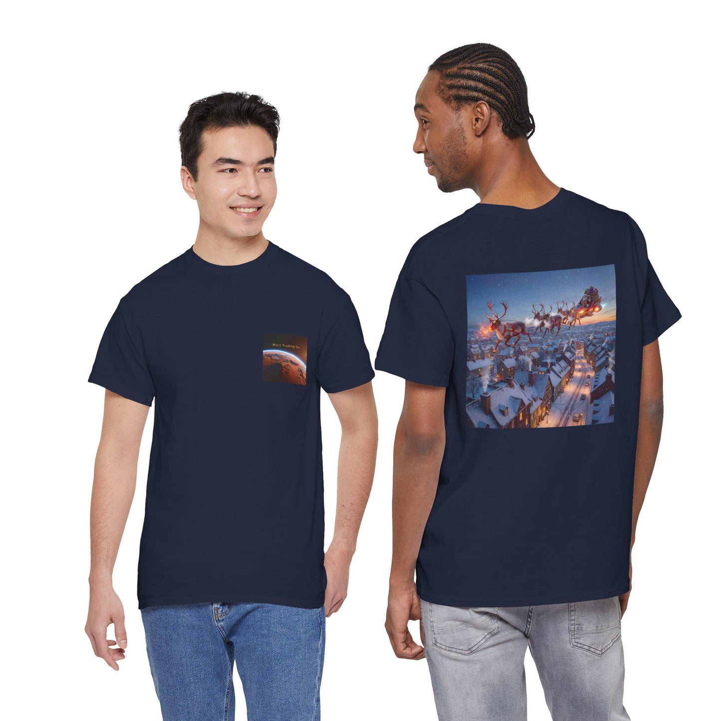 Martian Sleigh Over Snowy Village T-Shirt | Christmas Holiday Illustration