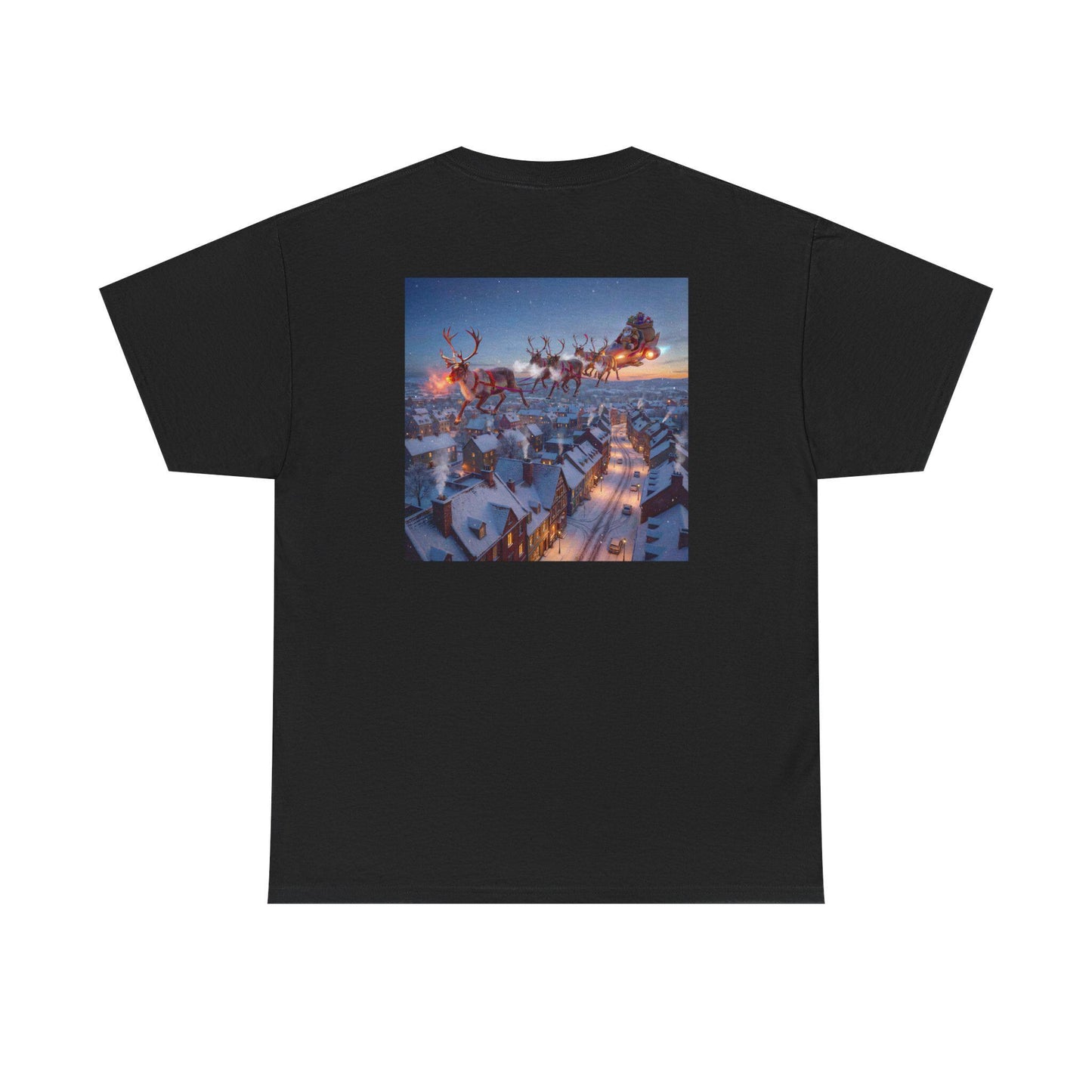 Martian Sleigh Over Snowy Village T-Shirt | Christmas Holiday Illustration
