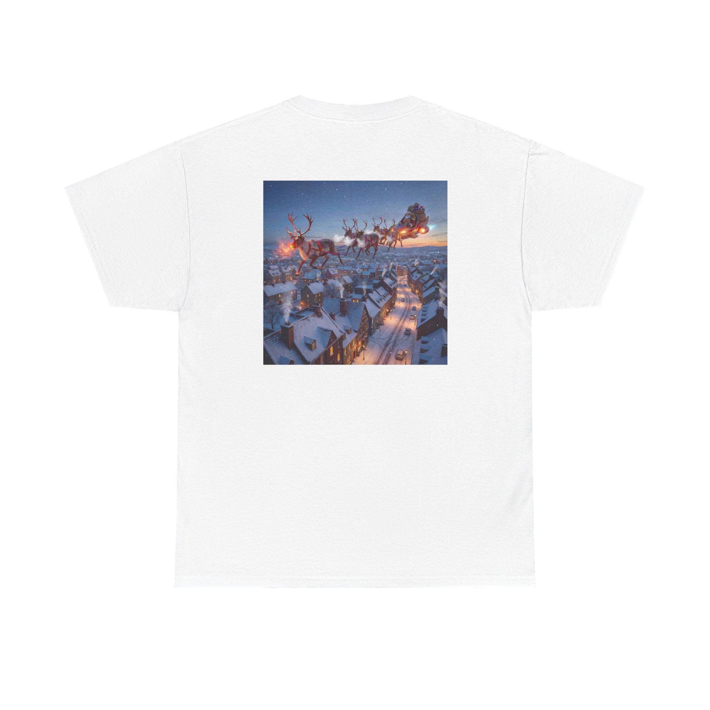 Martian Sleigh Over Snowy Village T-Shirt | Christmas Holiday Illustration