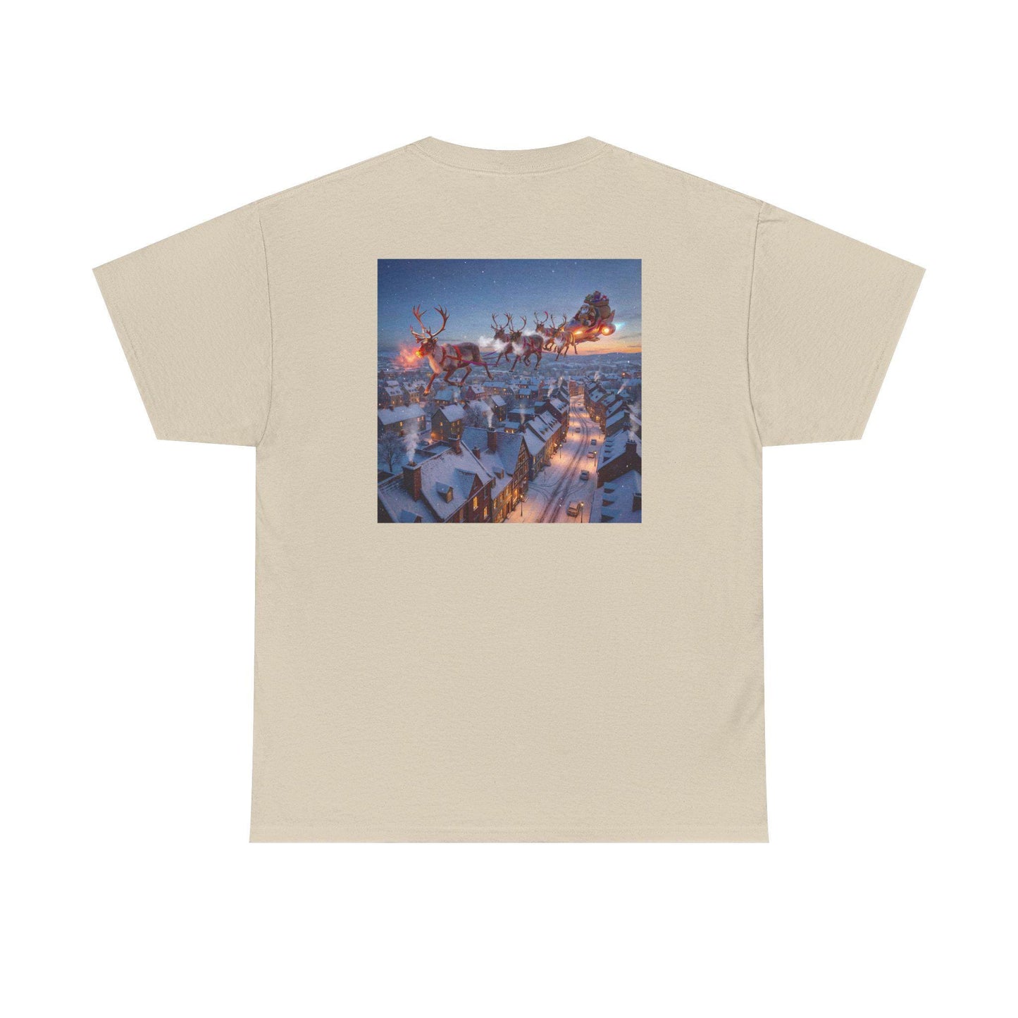 Martian Sleigh Over Snowy Village T-Shirt | Christmas Holiday Illustration