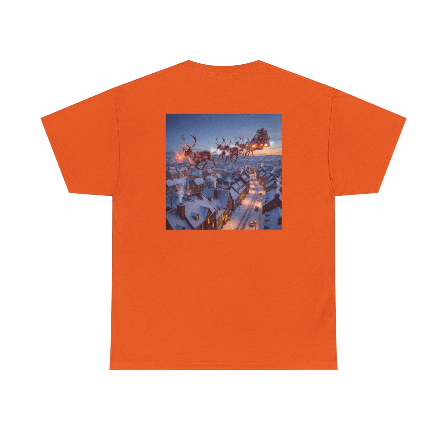 Martian Sleigh Over Snowy Village T-Shirt | Christmas Holiday Illustration