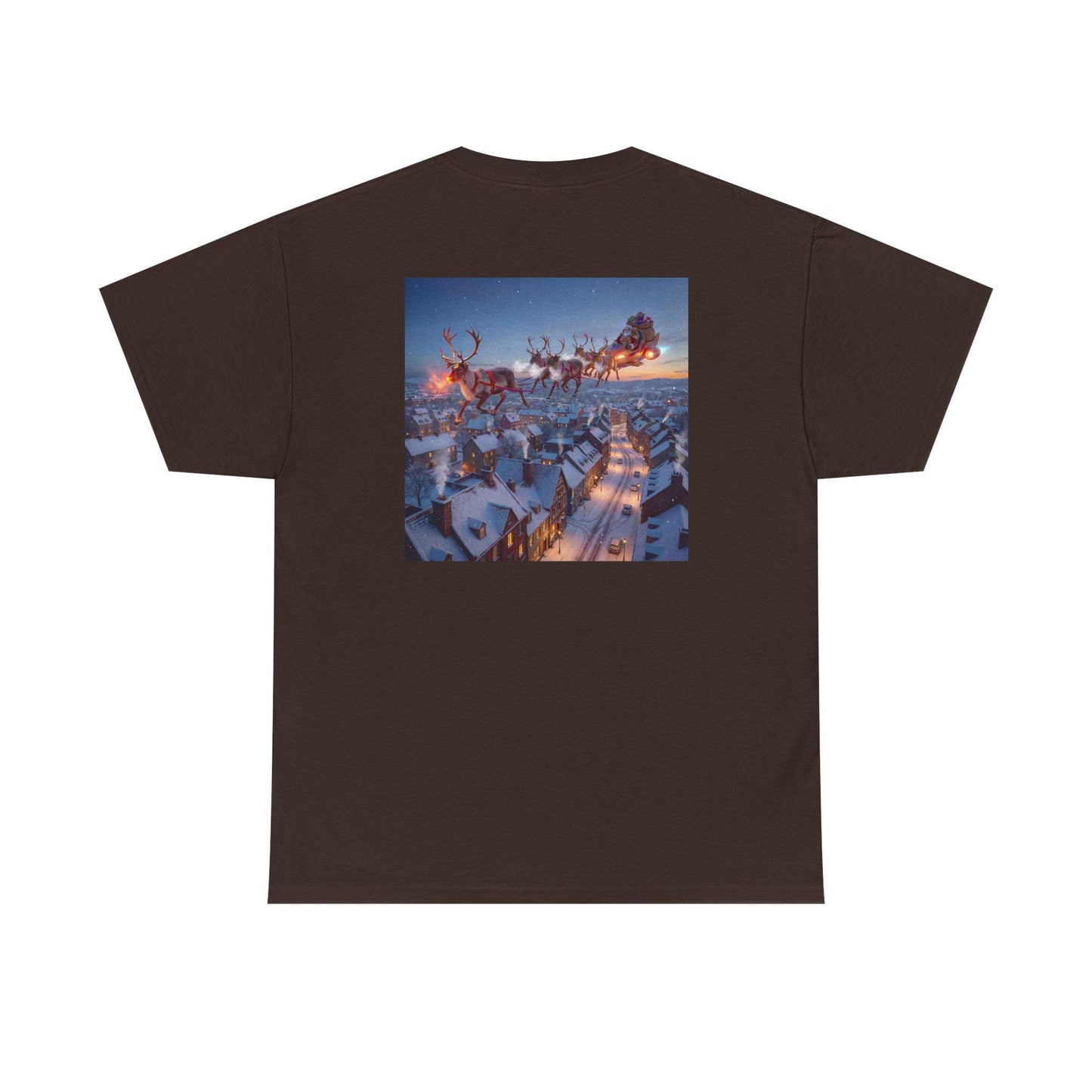 Martian Sleigh Over Snowy Village T-Shirt | Christmas Holiday Illustration