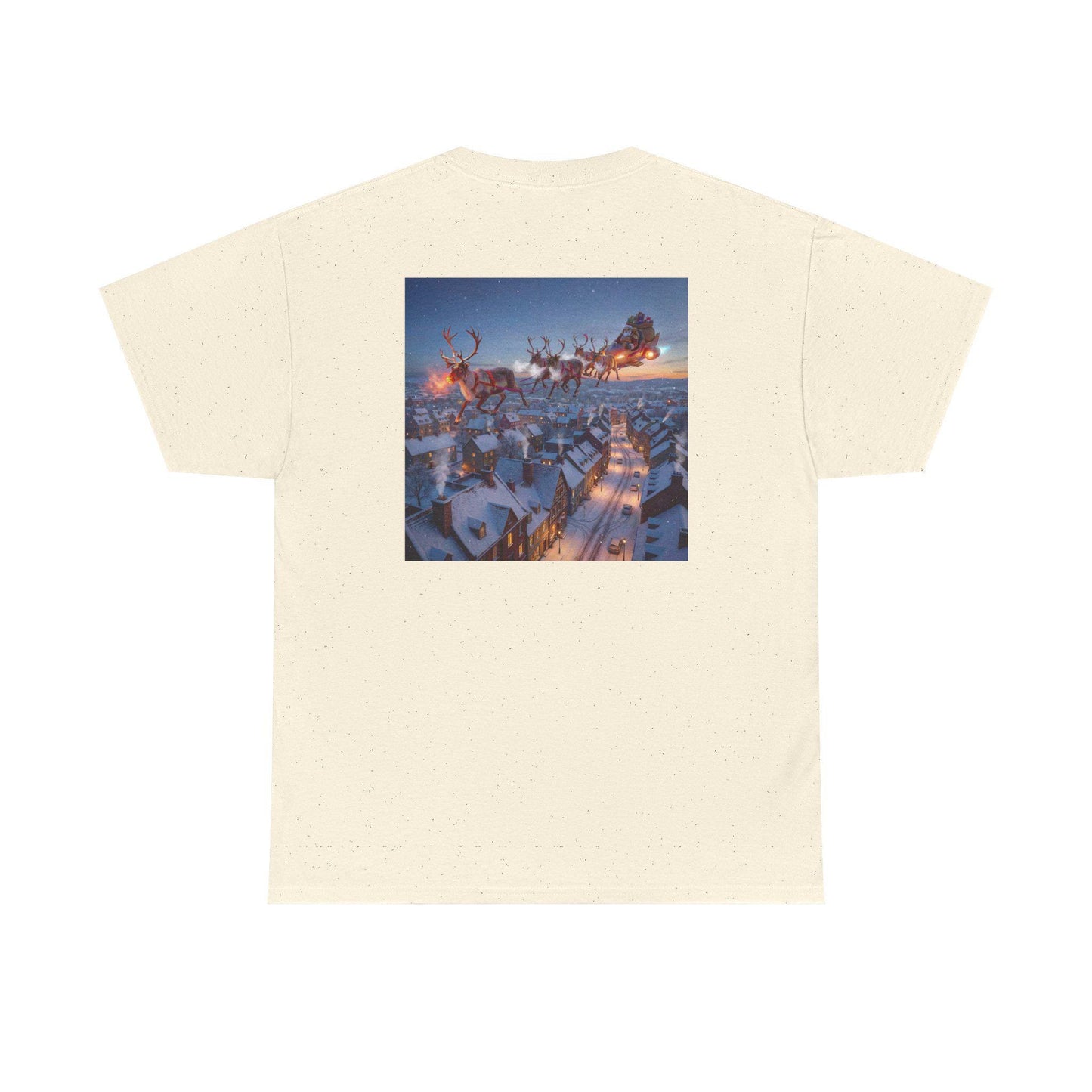 Martian Sleigh Over Snowy Village T-Shirt | Christmas Holiday Illustration