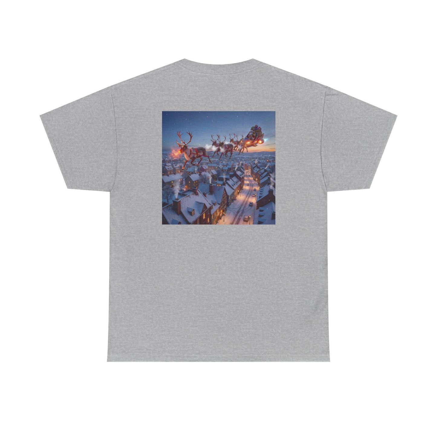 Martian Sleigh Over Snowy Village T-Shirt | Christmas Holiday Illustration