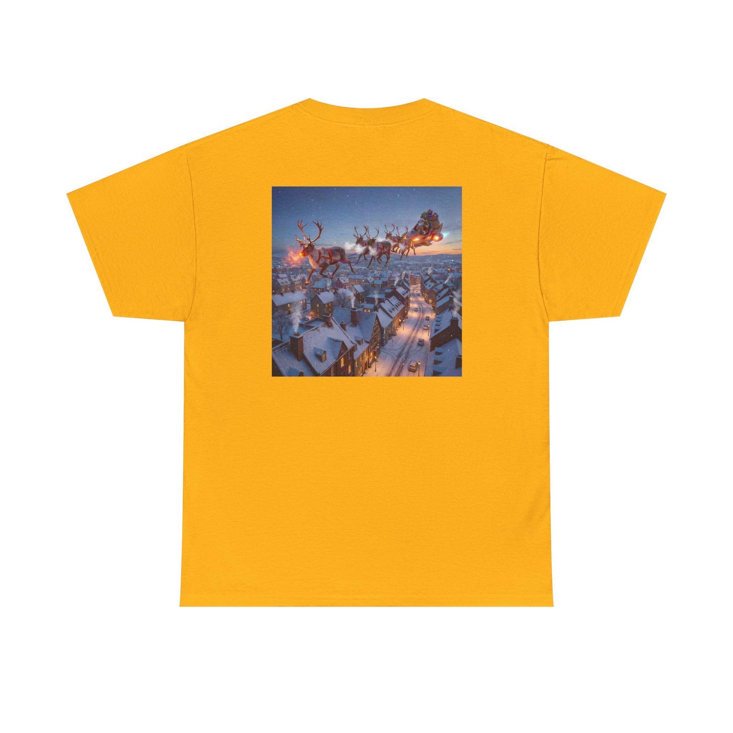 Martian Sleigh Over Snowy Village T-Shirt | Christmas Holiday Illustration