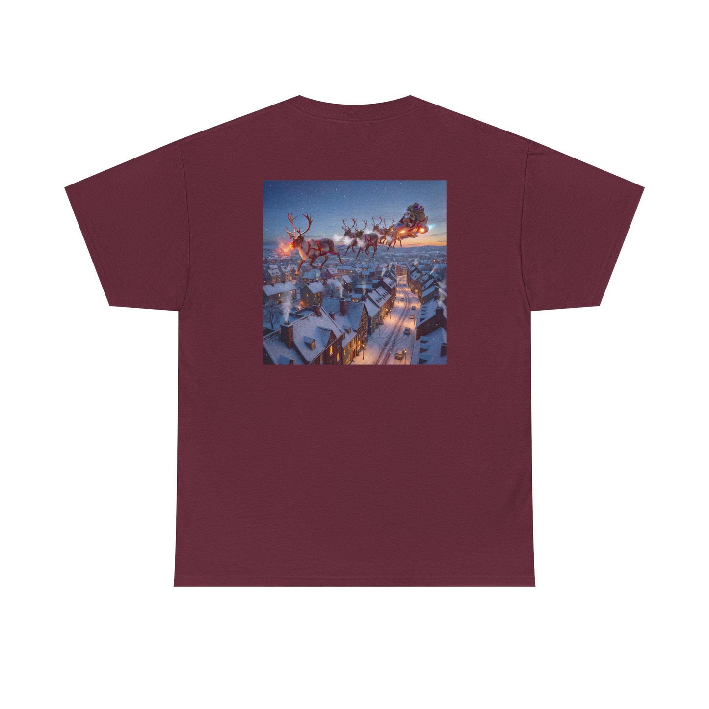 Martian Sleigh Over Snowy Village T-Shirt | Christmas Holiday Illustration
